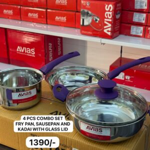 4 Pcs Stainless Steel Combo Set - Avias - Frypan, Sausepan, Kadai with Glass Lid